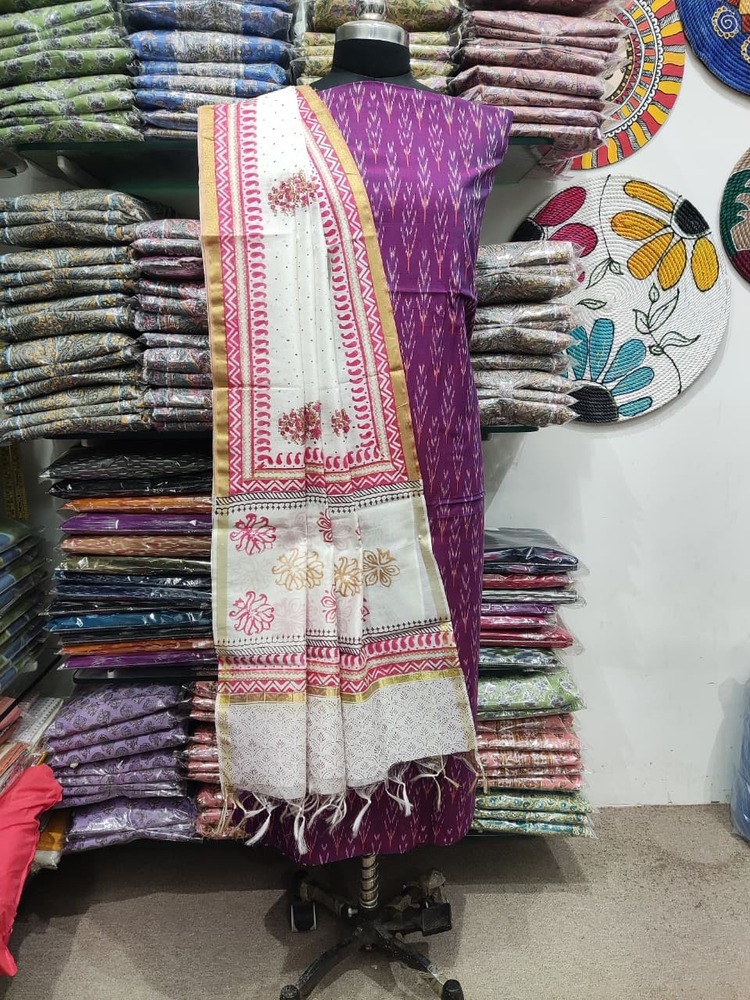 Ladies Casual Mercerised Yarn Dyed Ikat Kurta With Chanderi Dupatta