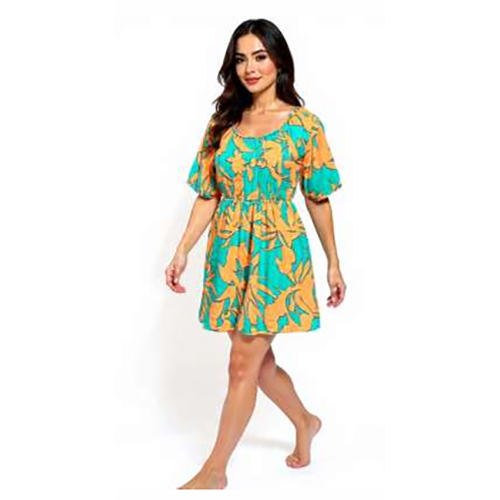 Tropical Sunset Leaf Print Mini Dress