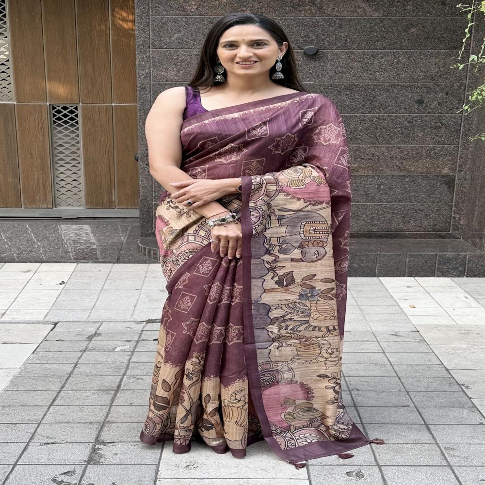 Purple Kalamakari Artsilk Saree
