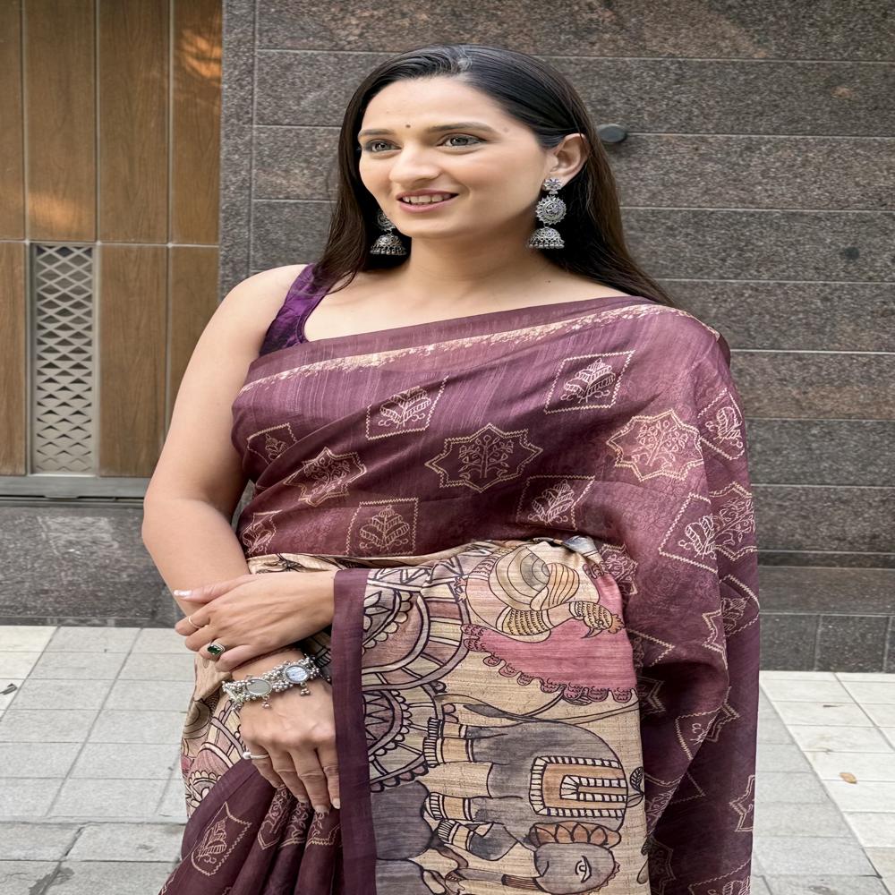 Purple Kalamakari Artsilk Saree