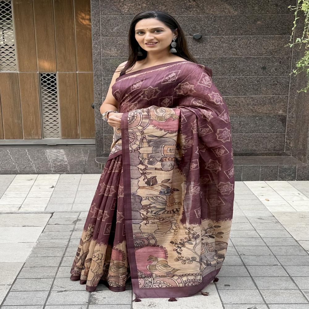 Purple Kalamakari Artsilk Saree