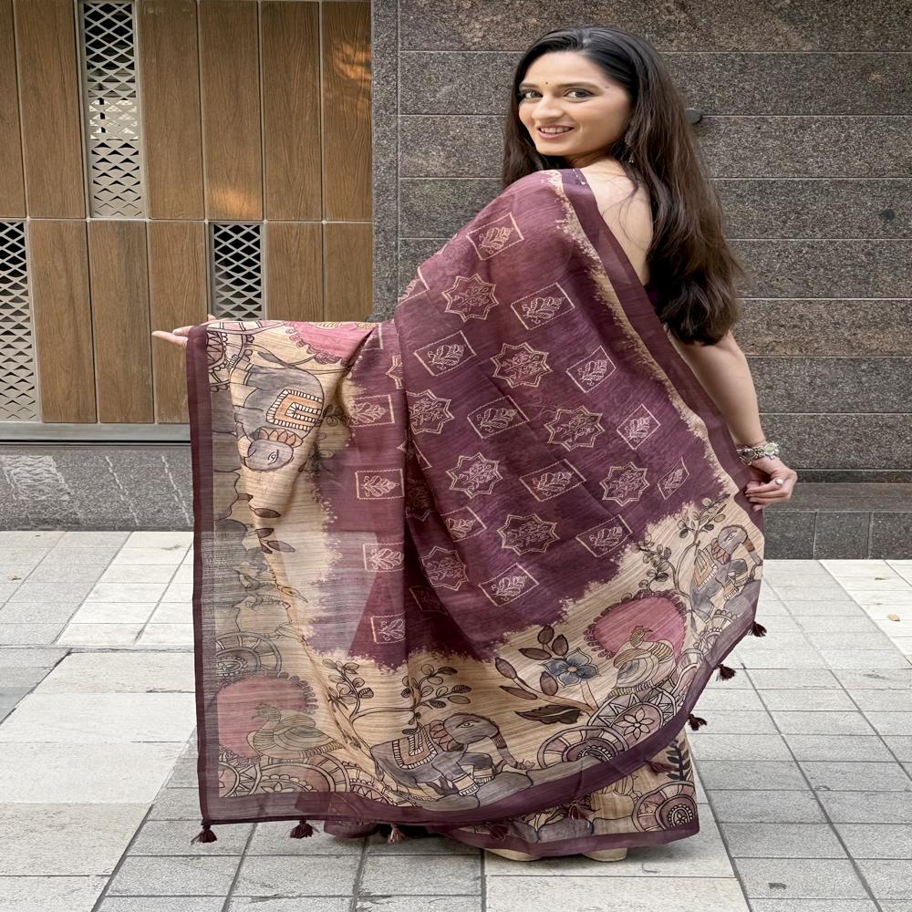 Purple Kalamakari Artsilk Saree