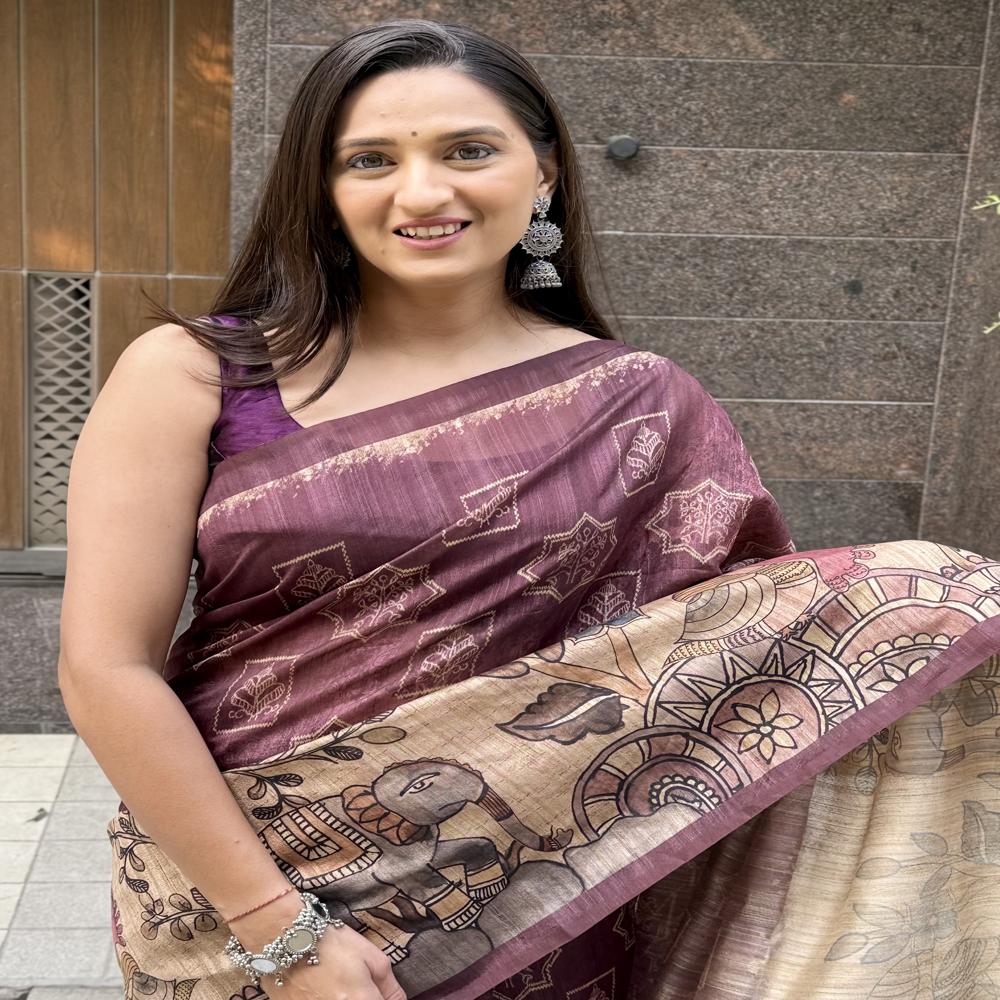 Purple Kalamakari Artsilk Saree