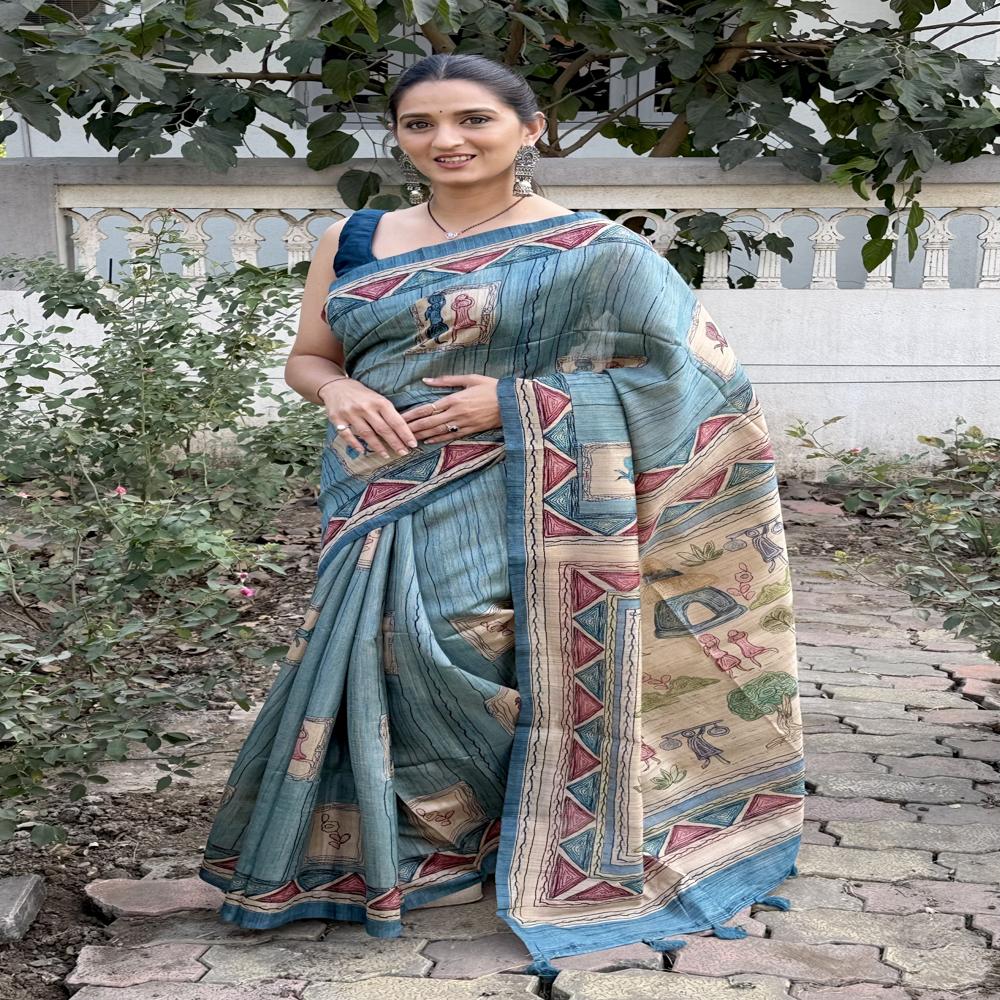BLUE GEOMETRIC PRINTED SAREE