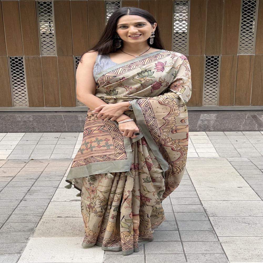 Grey Kalmkari Printed Saree