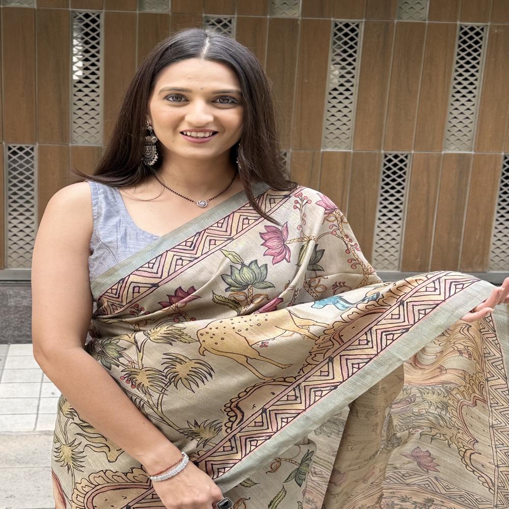   Grey Kalmkari  Printed Saree