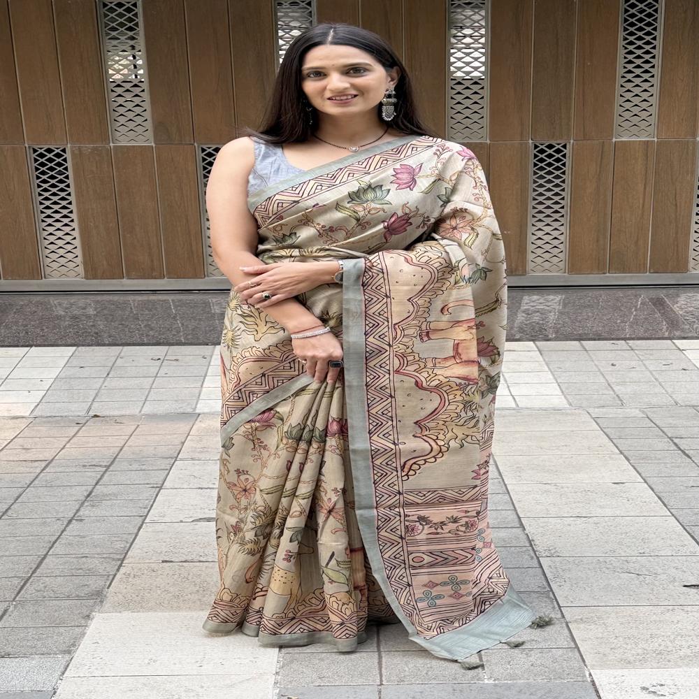  Grey Kalmkari  Printed Saree
