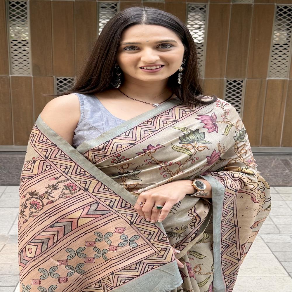   Grey Kalmkari  Printed Saree