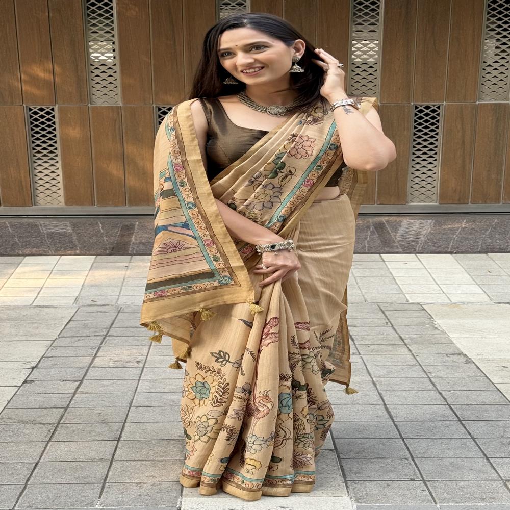 Floral Printed Saree - Color: Cream