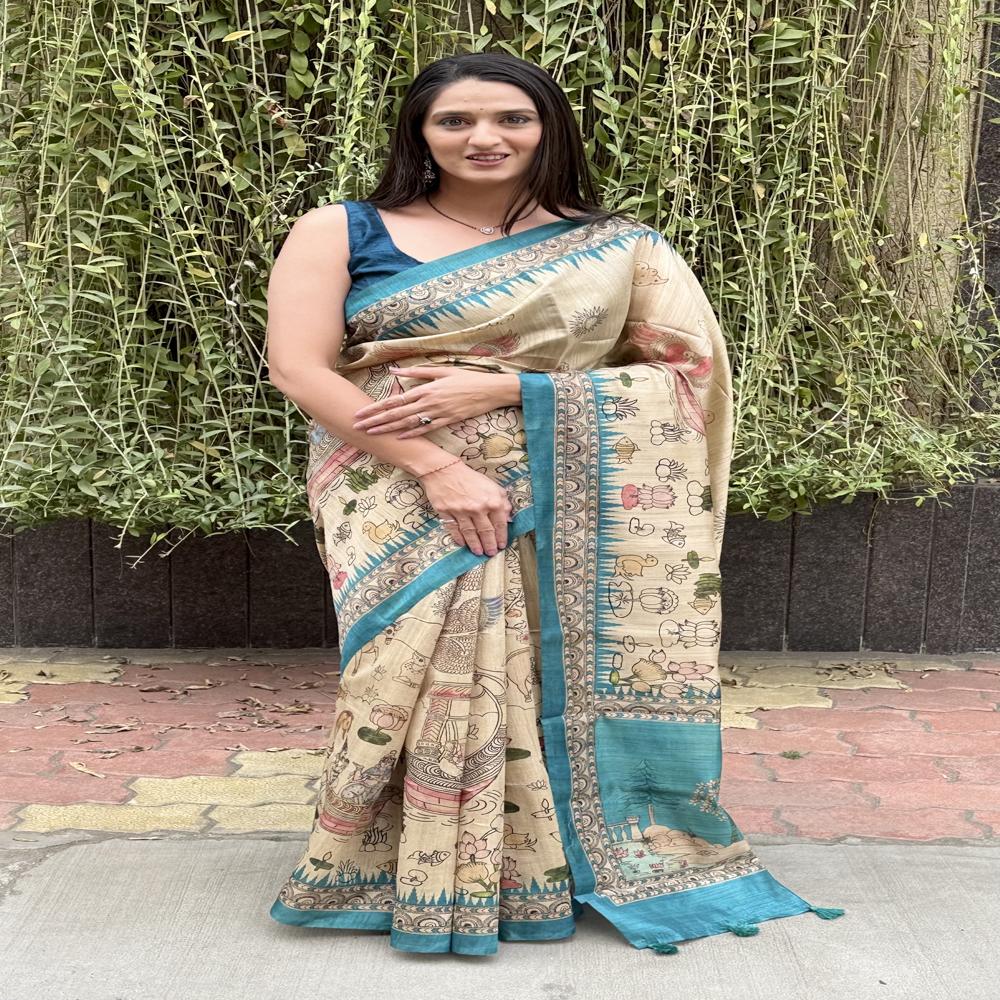 Kalamkari Print Art Silk Sarees - Color: Cream