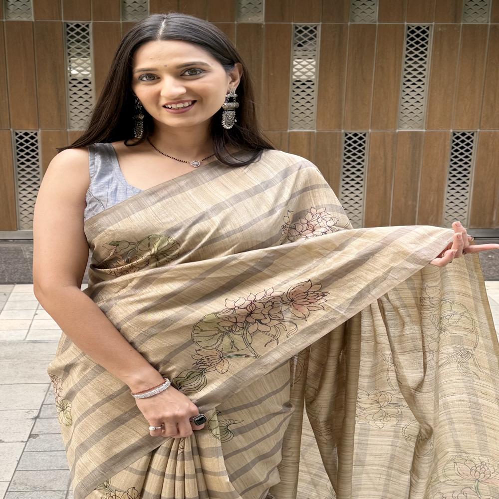 Floral Printed Grey Saree