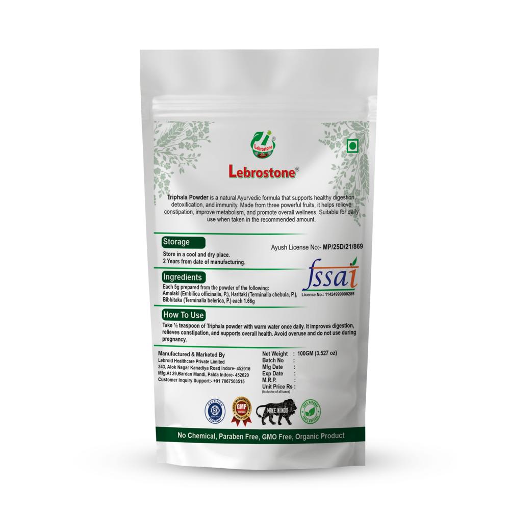 Lebrostone Triphala Powder Natural Herbal Blend with Amla, Baheda & Harad | Boosts Immunity, Digestion, Skin & Hair Care, Detox(100gm)