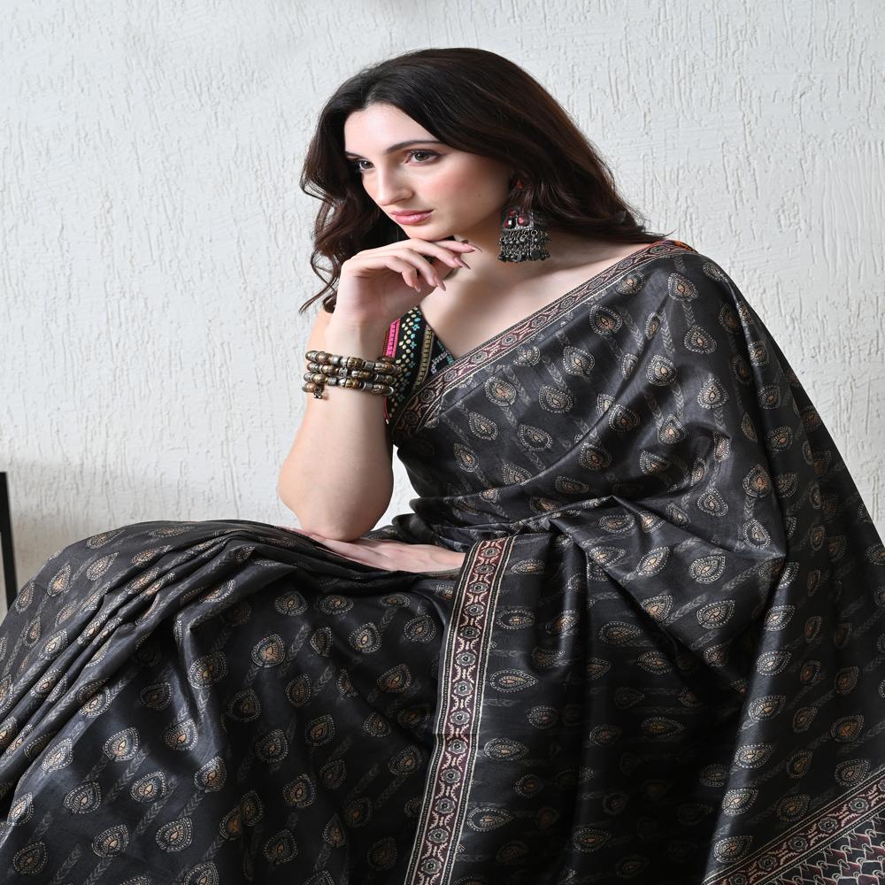 Black Tussar Silk  Saree