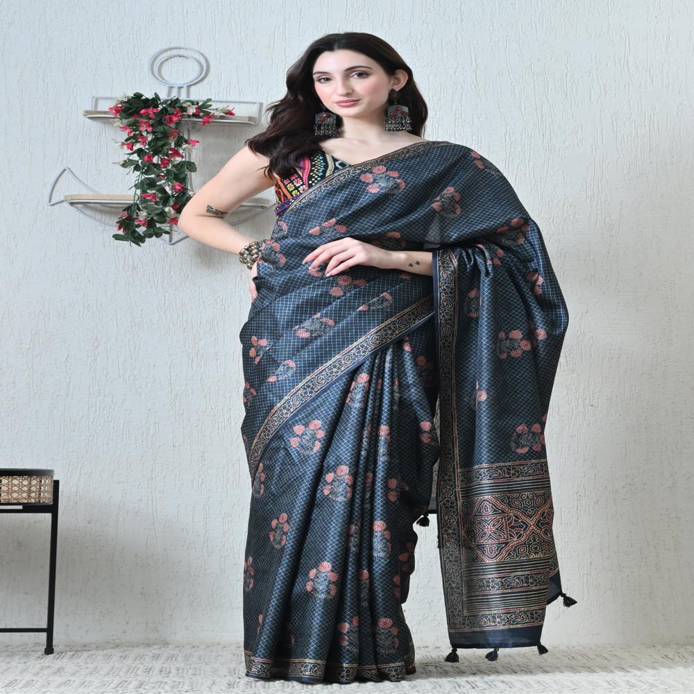 Printed Tussar Silk Saree - Color: Navy Blue