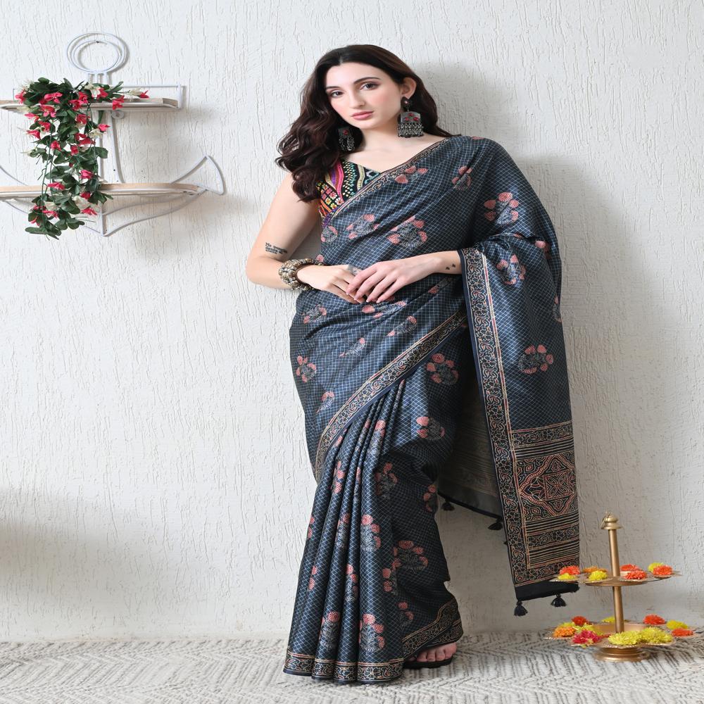 Printed Tussar Silk Saree