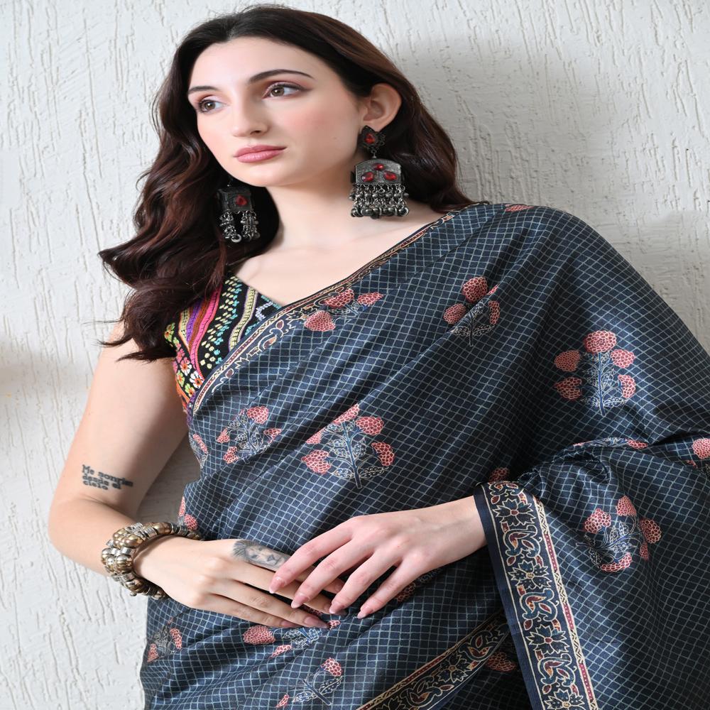 Printed Tussar Silk Saree