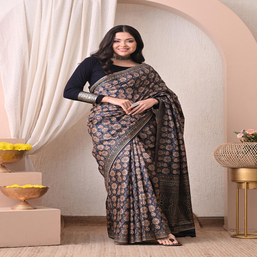 Ajrakh Print Silk Saree - Color: Navy Blue & Multi-color