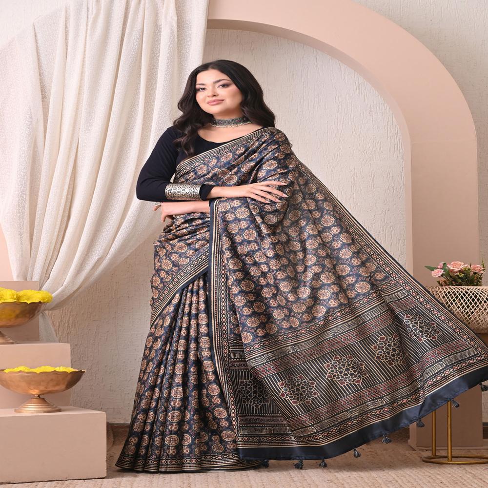Ajrakh Print Silk Saree
