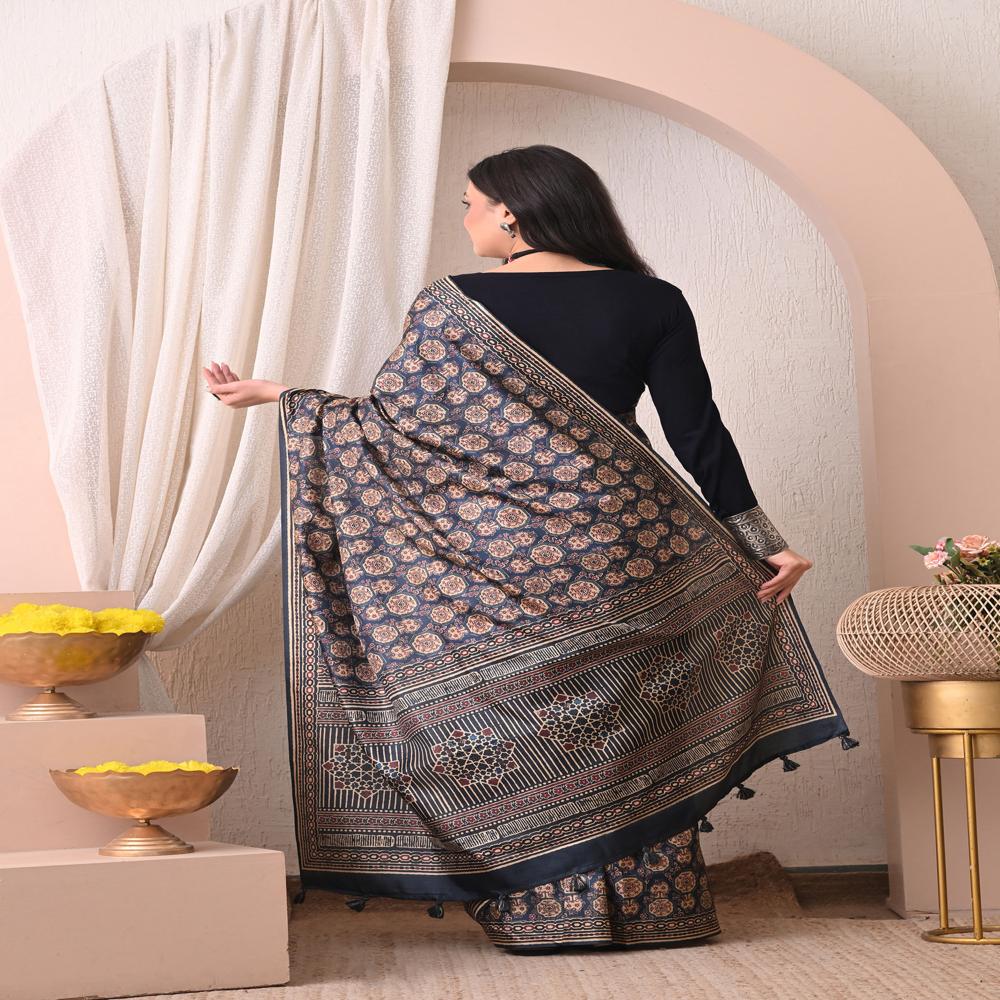 Ajrakh Print Silk Saree