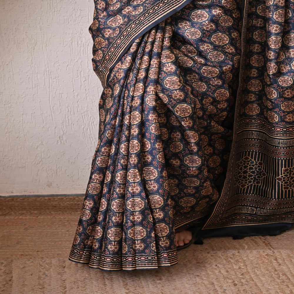 Ajrakh Print Silk Saree