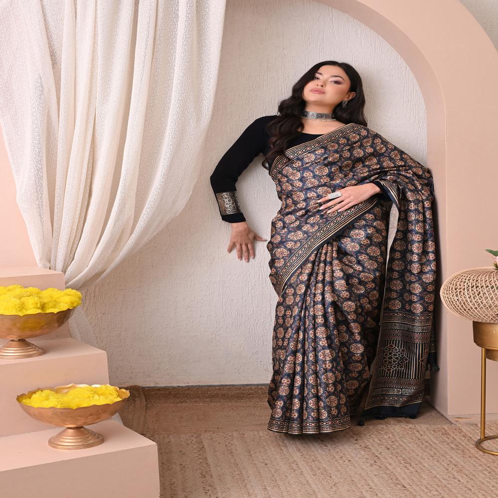 Ajrakh Print Silk Saree