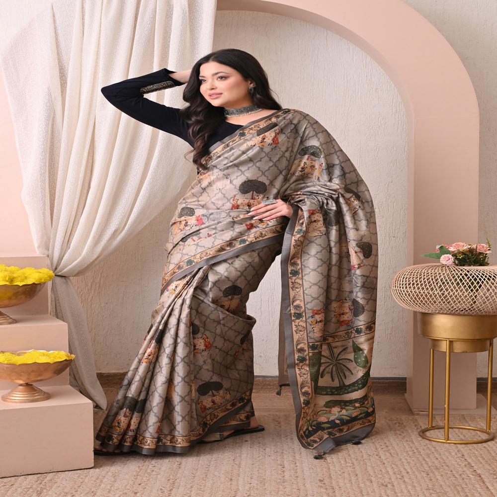 Madhubani Art Silk Saree - Color: Slate Grey With Multicolor Prints