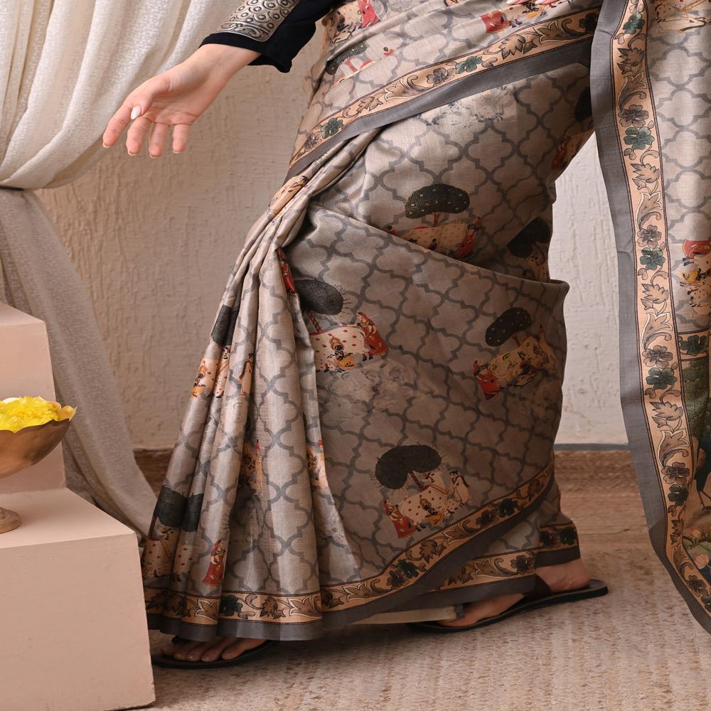 Madhubani Art Silk Saree - Color: Slate Grey With Multicolor Prints