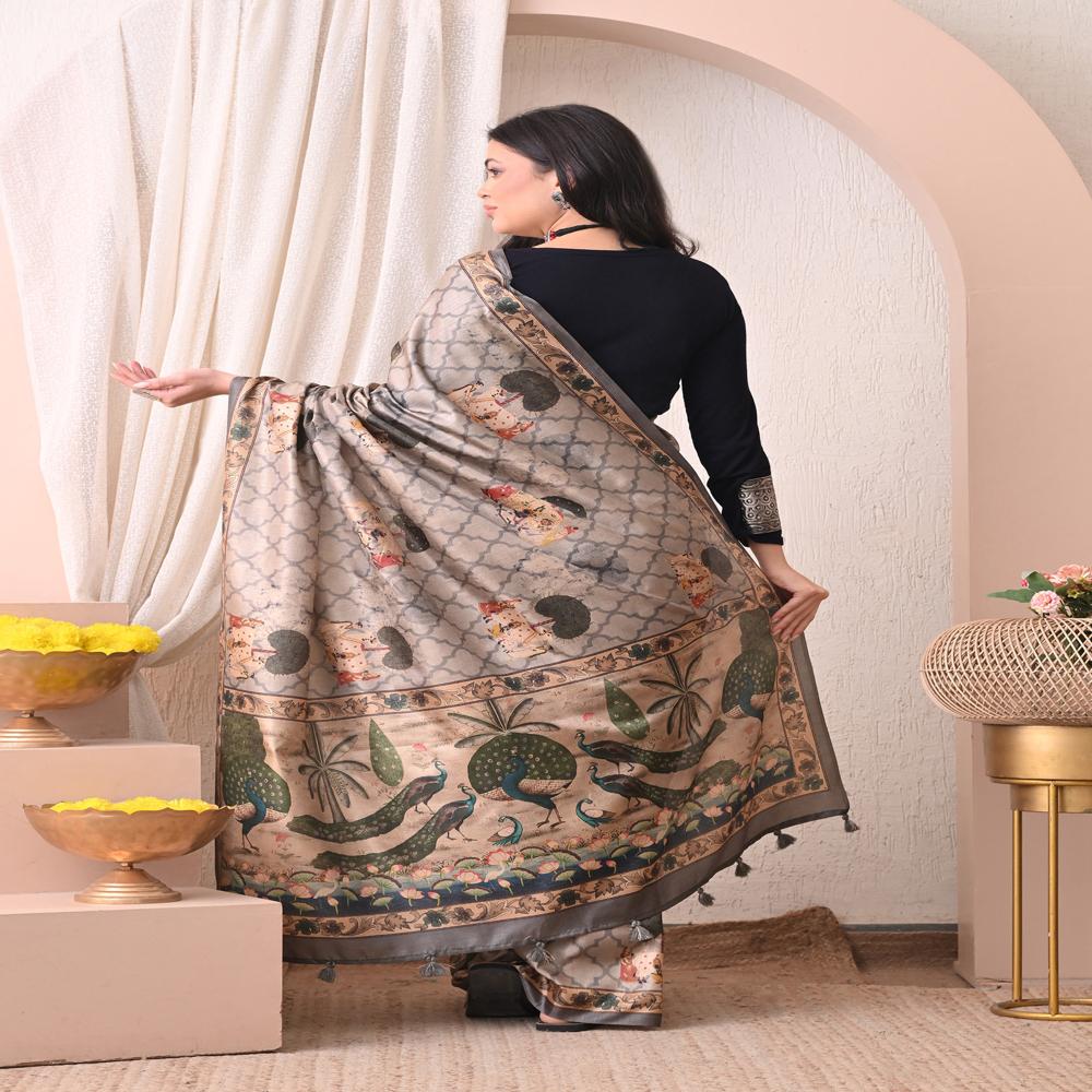 Madhubani Art Silk Saree - Color: Slate Grey With Multicolor Prints