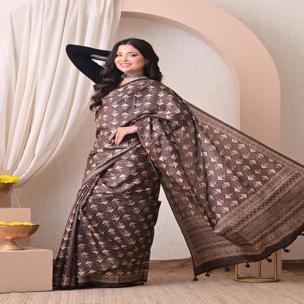 Ajrakh Print Silk Saree