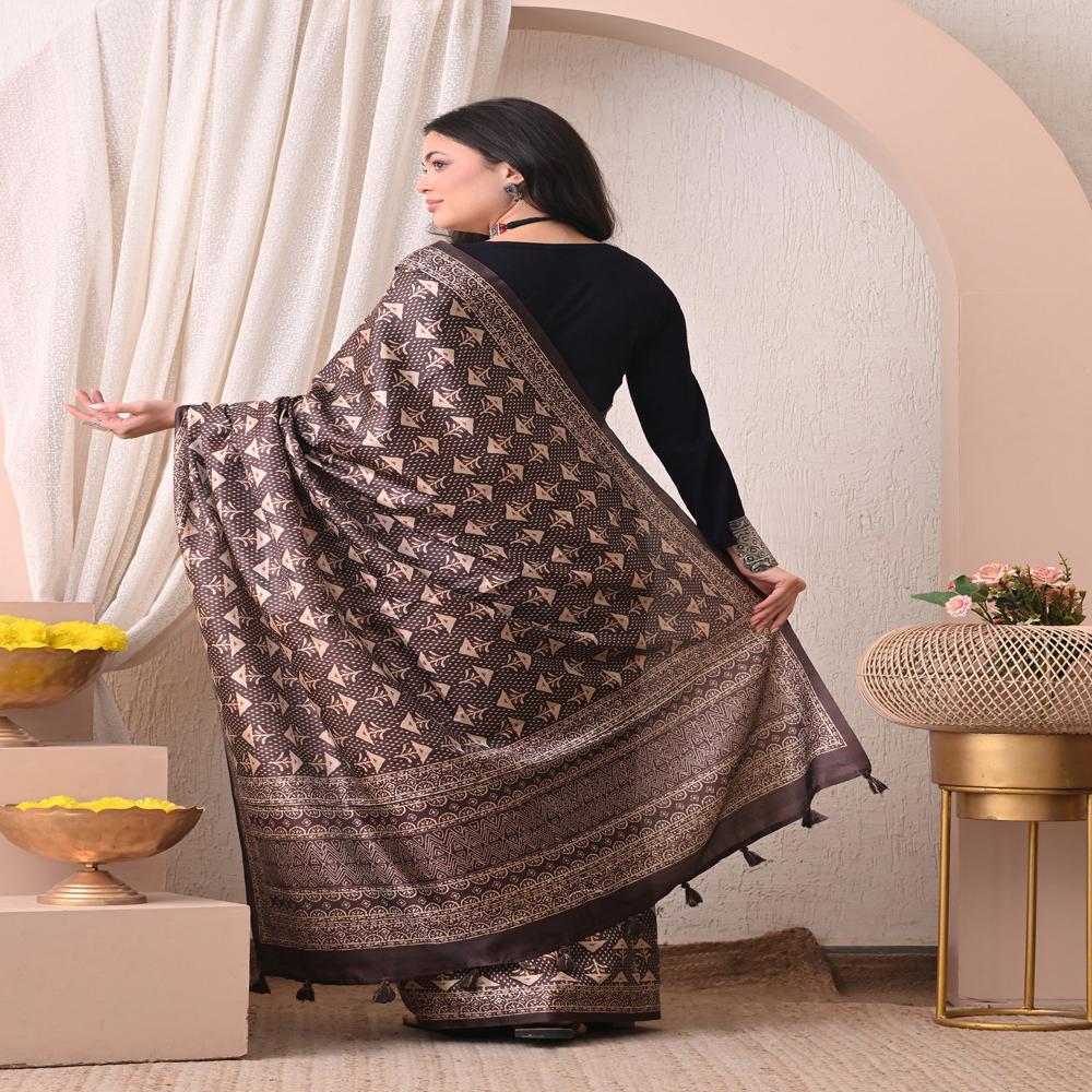 Ajrakh Print Silk Saree