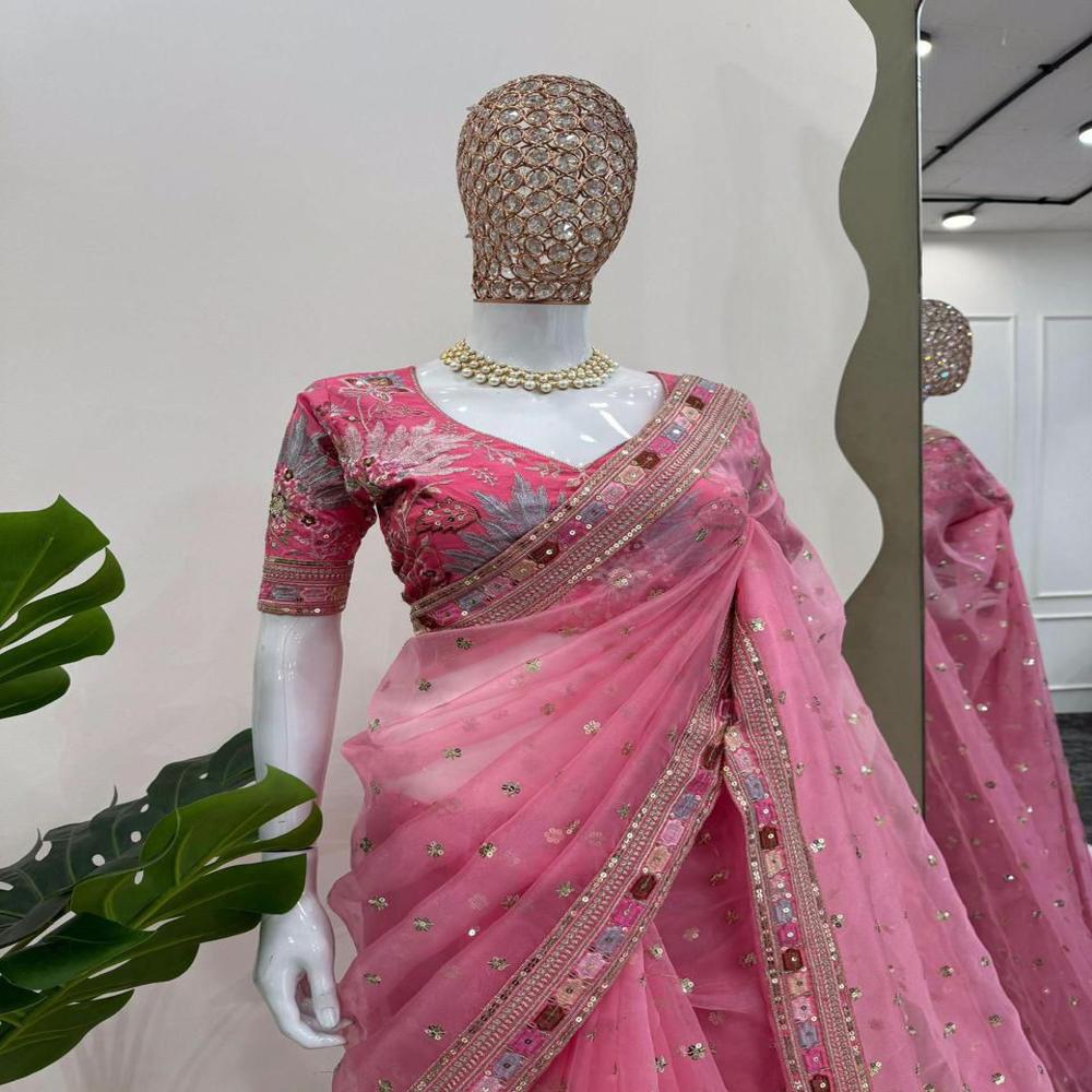 Modern Sequence Work Designer Saree - Color: Pink