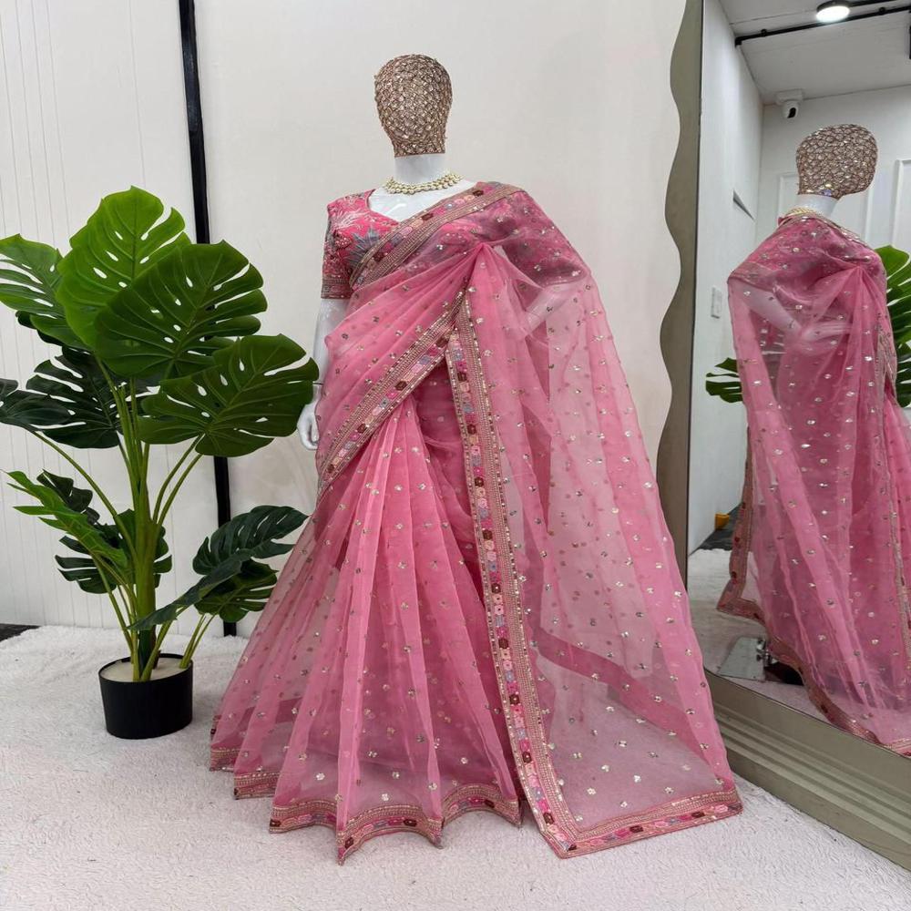 Modern Sequence Work Designer Saree - Color: Pink