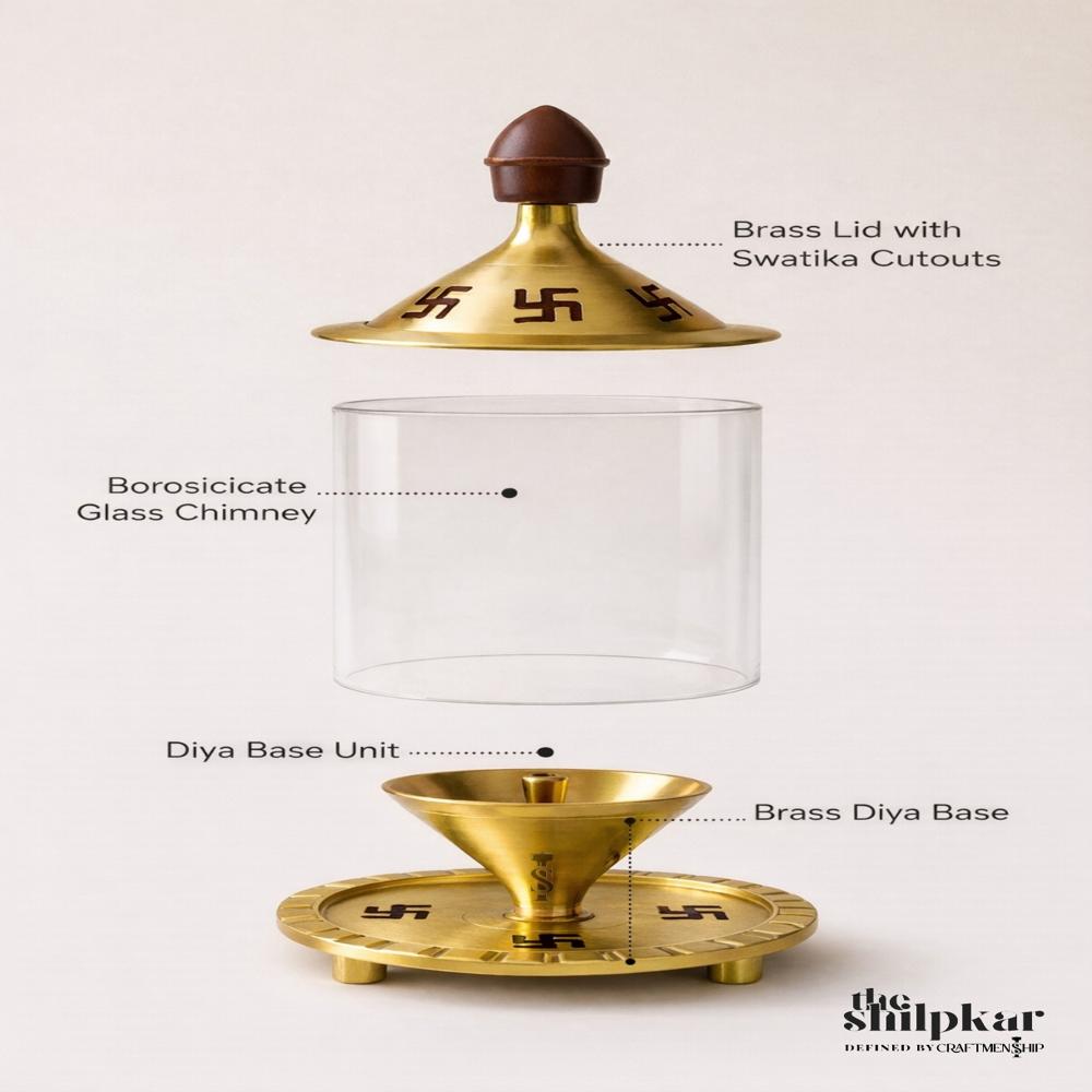 Swastik Brass Diya With Glass Cover