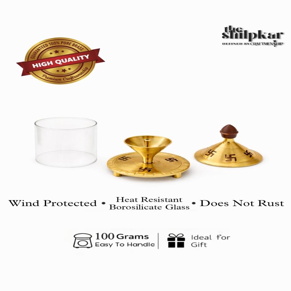 Swastik Brass Diya With Glass Cover