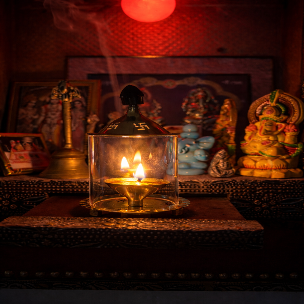 Swastik Brass Diya With Glass Cover