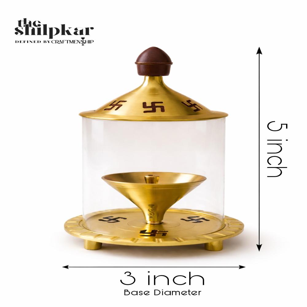 Swastik Brass Diya With Glass Cover