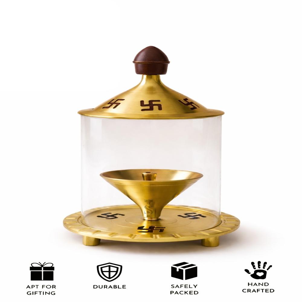 Swastik Brass Diya With Glass Cover