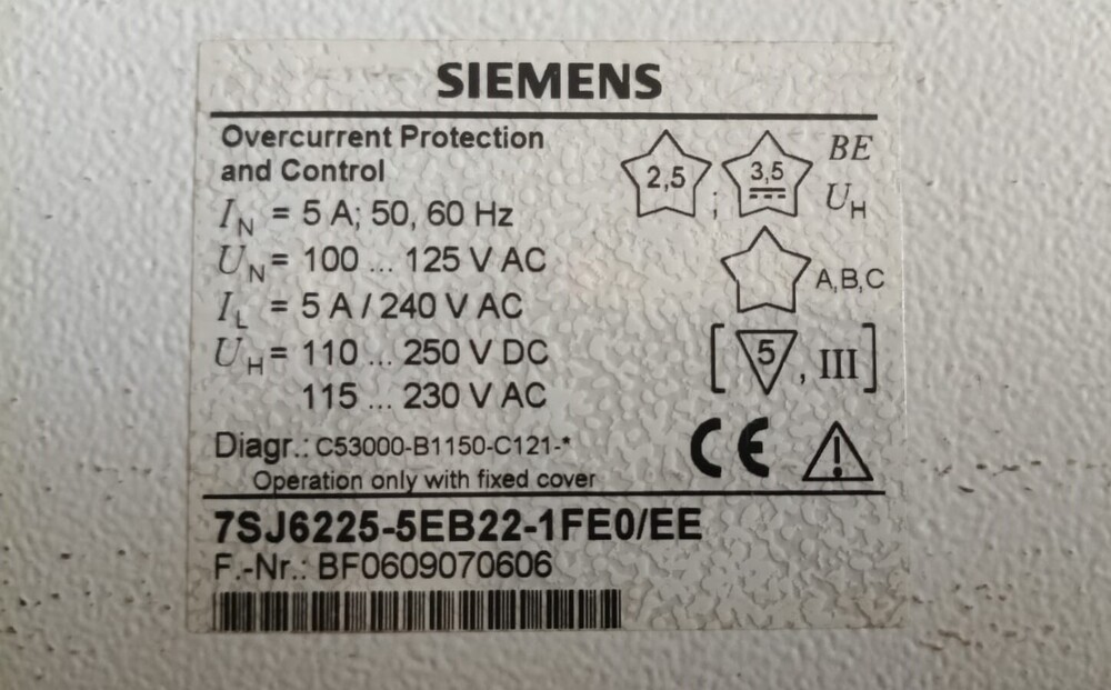 SIEMENS 7SJ6225-5EB22-1FE0/EE OVERCURRENT PROTECTION RELAY (SR NO:BF0609070606)