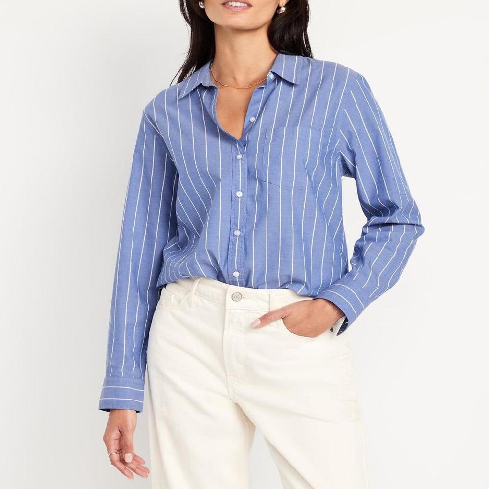 Womens Blue & White Striped Cotton Formal Shirt