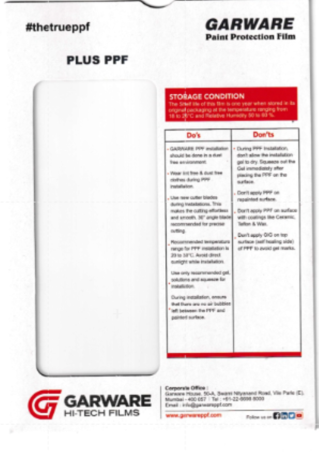 Garware Ppf - Plus - 5yrs - Color: Transparent