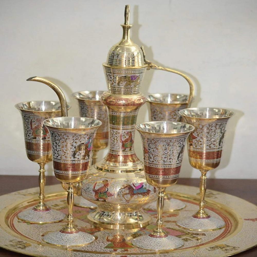 Brass W-ine Glass Set with Tray and Surhaie