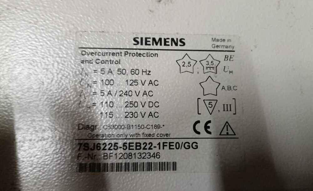 SIEMENS 7SJ6225-5EB22-1FE0/GG OVERCURRENT PROTECTION RELAY