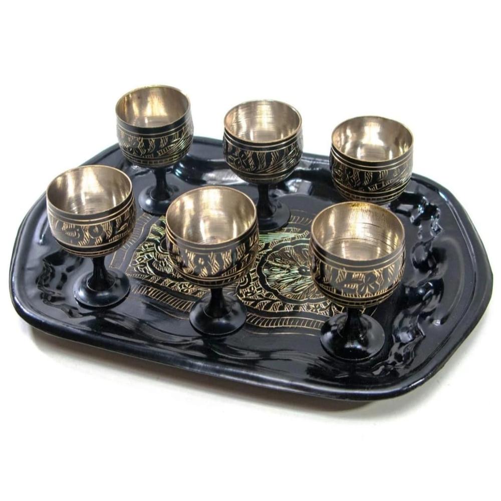 Brass Shot Glass Set Of 6 With Tray - Color: Black And Golden