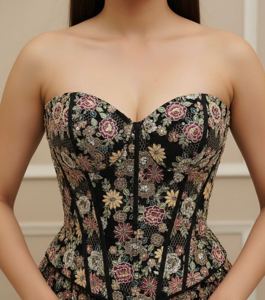 Multithreaded Embroidery With Beads On Georgette Fabric