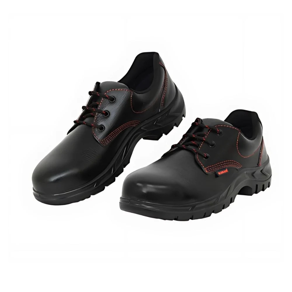 Karam Fs01 Deluxe Leather Red Stitched Safety Shoes - Full Grain Leather, Size 6-11 Uk, Black With Red Stitching | 200 Joules Steel Toe, Slip & Oil Resistant, Eva Shock Absorption
