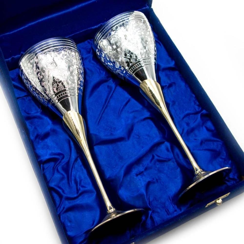 Silver Plated Brass Wi-ne 2 Glasses with box