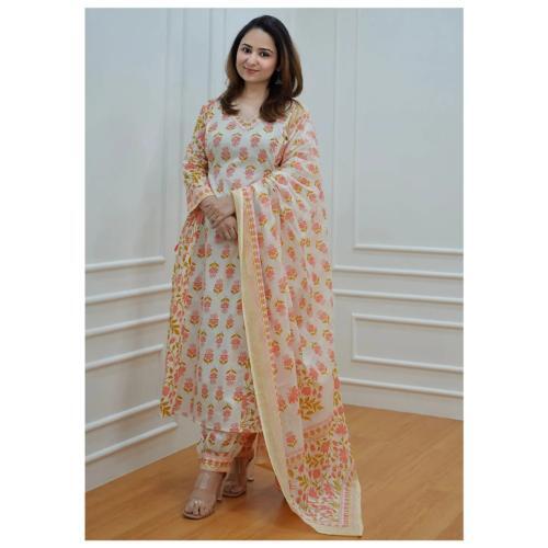 ORANGE COTTON PRINTED KURTA, AFGHANI PANT