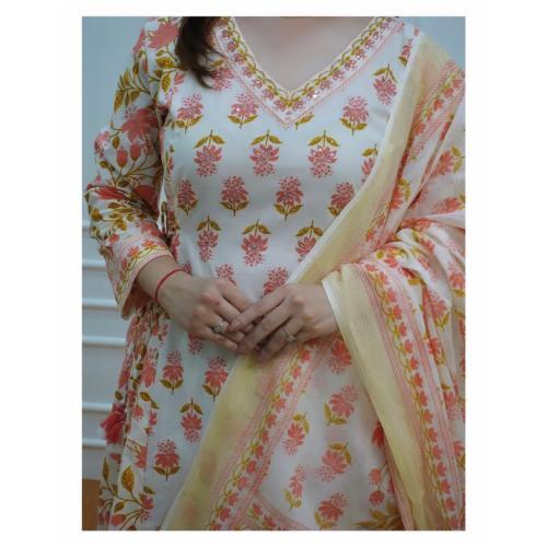 ORANGE COTTON PRINTED KURTA, AFGHANI PANT
