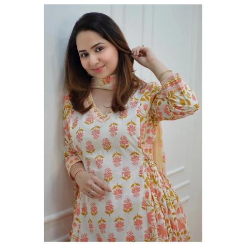 ORANGE COTTON PRINTED KURTA, AFGHANI PANT