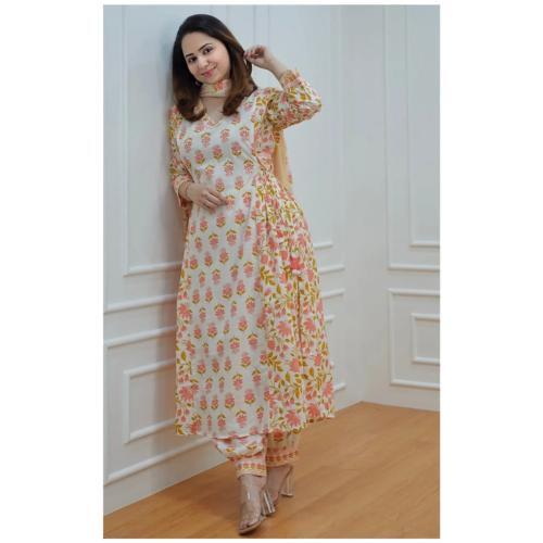 ORANGE COTTON PRINTED KURTA, AFGHANI PANT